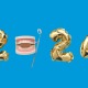Graphic of Gold foil balloons in the numbers 2024, but the zero is a tooth mold. The balloons are up against a sky blue background.