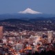 City lights of Portland, Oregon with Mount Hood in the distance.