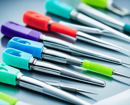A collection of colorful dental tools and equipment used for applying sealants onto teeth.